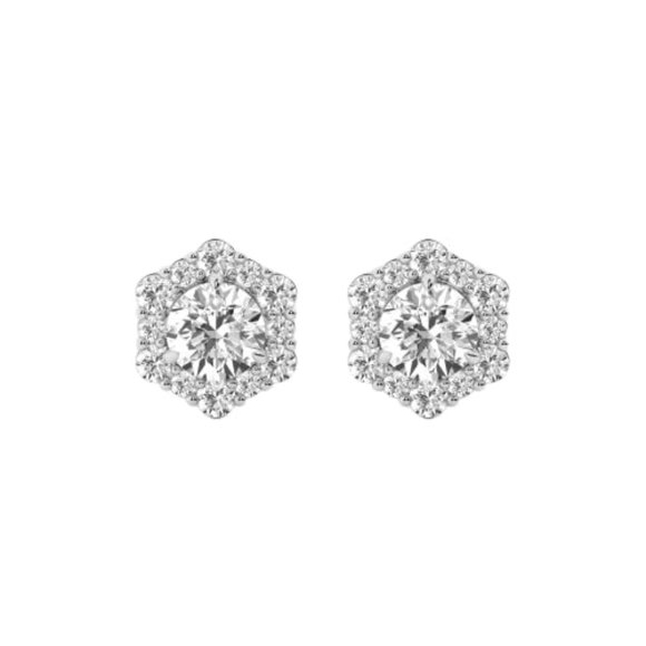 2.0 CTW Round Excellent Moissanite Hexagon Shaped Halo Stud Earrings - Picture 1 of 5